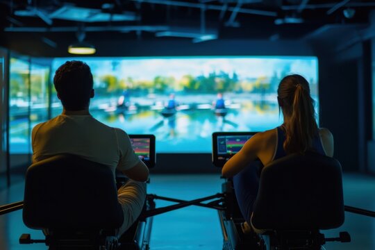 Indoor rowing exercise session with immersive visuals in a fitness studio in the evening - Powered by Adobe