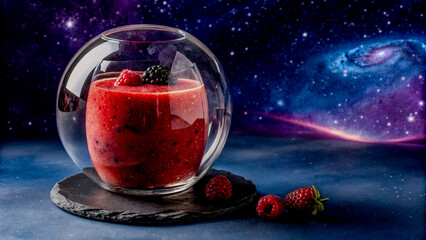 Red Berry Smoothie in a Transparent Glass Planet with a Galactic Background