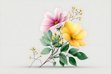 Delicate pink and yellow flowers with green leaves on a light gray background