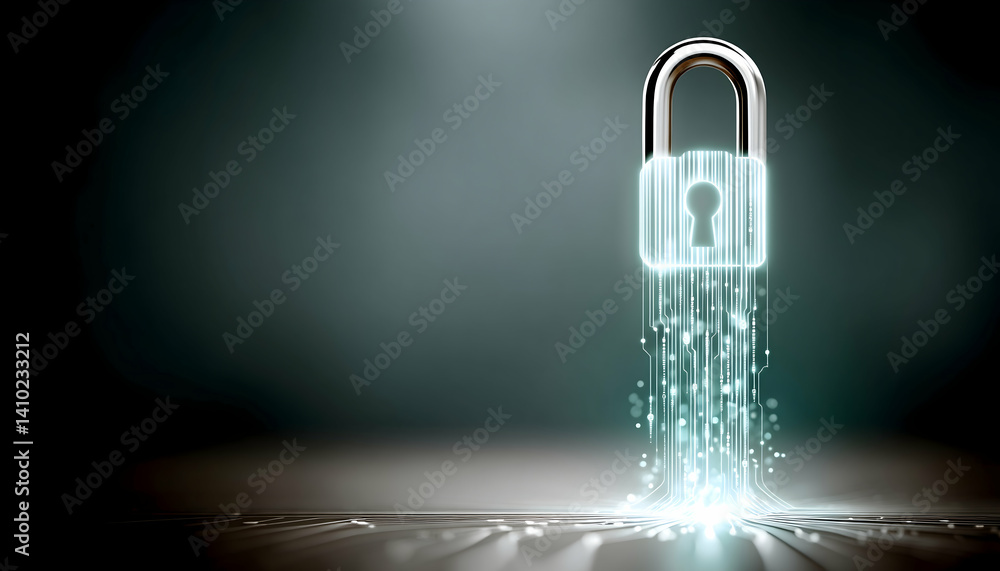 Poster digital padlock with glowing data stream, symbolizing cybersecurity and data protection