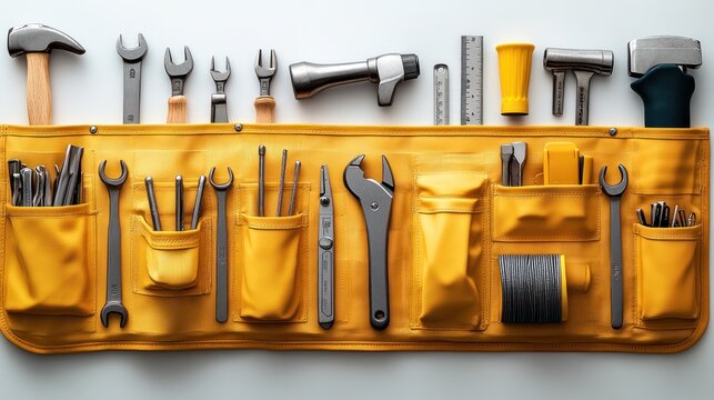 Yellow tool belt, various tools