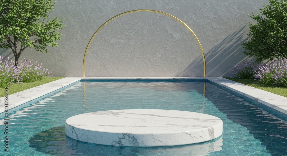 Poster tranquil poolside marble display - serene of a round marble platform in a calm pool, set against a m