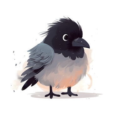 chubby crow sitting with puffed-up feathers adorable style pastel tones clipart white background