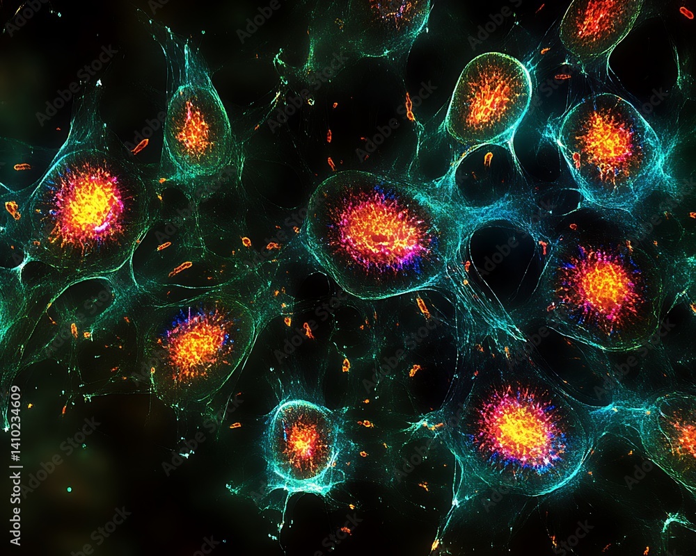 Poster close-up of cellular division under a microscope, with multiple cells undergoing mitosis, set agains