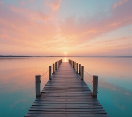 Fototapeta premium Wooden pier stretches into the calm sea at sunset under a vibrant sky
