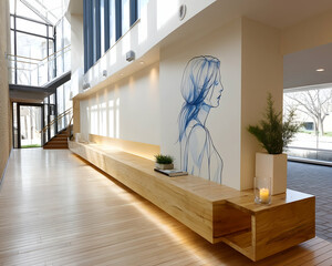 Light-filled hallway with minimalist wooden bench, large wall art, and natural light