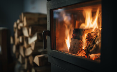Cozy modern fireplace with burning logs and a neatly stacked woodpile in a warmly lit interior.
