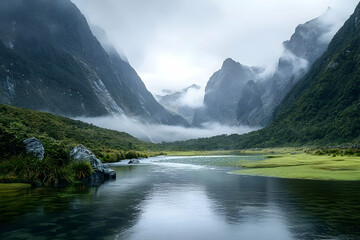 Misty valley with serene river flowing through rugged mountains.