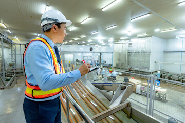 Asian factory workers are walking around inspecting the factory and production lines that use machinery to handle and pack goods before they are shipped out. Export
