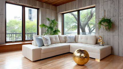 Modern beige sectional sofa in bright living room with large windows, hardwood floors, and gold sphere