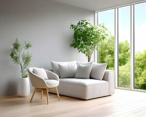 Modern minimalist living room with light sofa, armchair, plants, and large window overlooking greenery