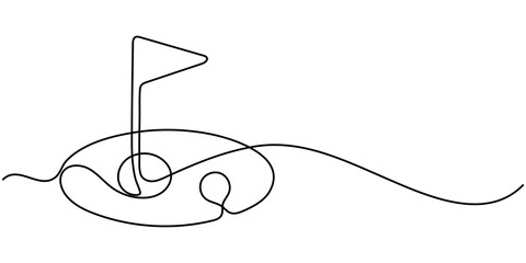 continuous line vector golf course. single line vector golf course, flag and hole. golf course icon drawn in one line, View of golf flag on golf course.                                                