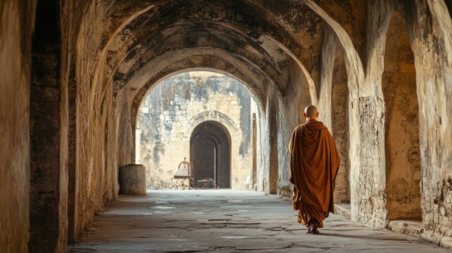 A Monked Figure Walks Down A Stone Covered Passage