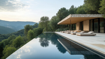 Modern mountain villa with an infinity pool overlooking a serene forest valley.