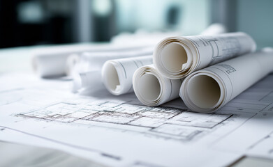 Rolled architectural blueprints stacked on top of floor plans in a modern office setting.
