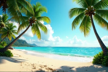 Obraz premium Palm trees sway gently in the warm ocean breeze, sand grains shifting beneath , sunset, tropical