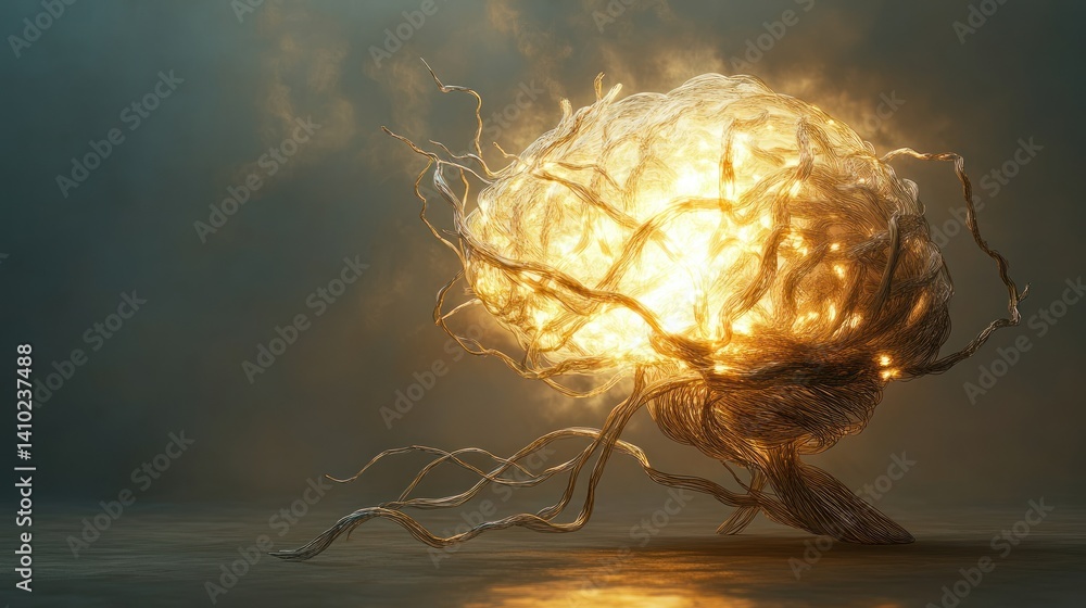 Poster glowing brain structure with twisted roots in darkness