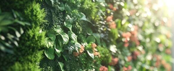 Lush green and reddish wall garden decorates interior space.