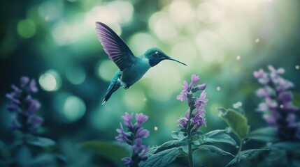 Fototapeta premium A beautiful hummingbird hovering near purple flowers in its habitat