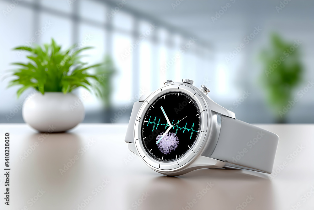 Poster smartwatch displaying heart rate on a table