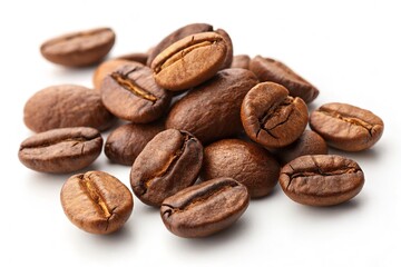 Fototapeta premium Beautiful arrangement of freshly roasted coffee beans against a clean white backdrop.