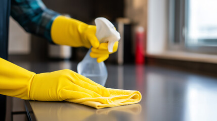 Person wearing yellow rubber gloves cleaning a table with a spray bottle and cloth in a sunlit room.
