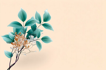 Teal leaves and beige blossoms on a peach background