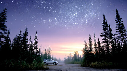 Fototapeta premium SUV parked in a forest at dawn under a starry sky