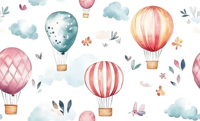 Obraz premium Watercolor balloon seamless pattern, white background, blue, pink, and yellow colors