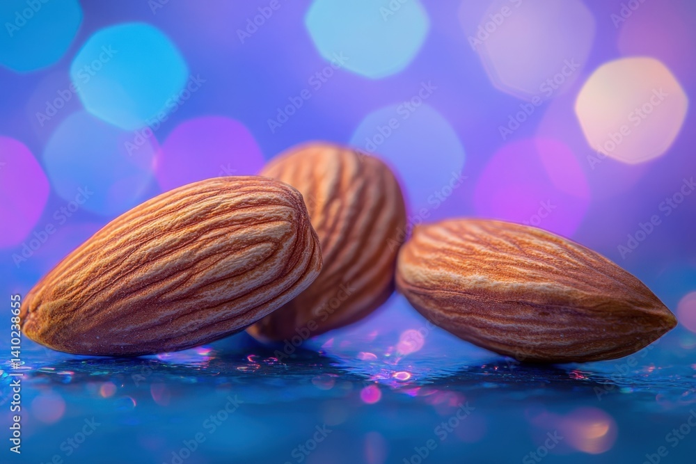 Poster three almonds resting on a colorful background with bokeh lighting effects