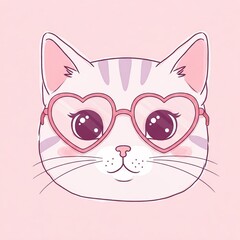 Modern kawaii cat face with heart-shaped glasses, soft pinks and lilacs, minimalistic line art, ideal for children's clothing sublimation
