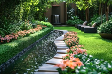 Obraz premium Lush garden pathway with water feature
