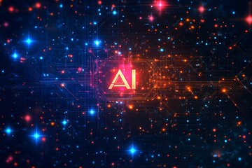Glowing neon AI letters with circuit board design, futuristic artificial intelligence technology concept in vibrant colors