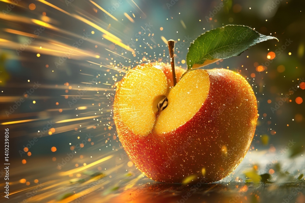 Aufkleber sparkling apple burst with vibrant colors and dynamic light effects in a lush setting