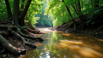 Muddy riverbank with twisted tree roots and overgrown vegetation, moss, grunge, trunks