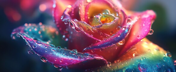 Vibrant rainbow rose, glistening with water drops.