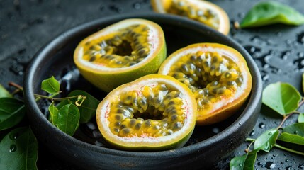 Yellow ripe passion fruit sliced ​​on the wooden table