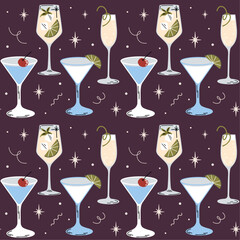 Classical alcohol cocktails seamless vector pattern with cartoon retro groovy funky illustration of various summer fancy drinks in different shapes glasses. Martini, Hugo, French 75
