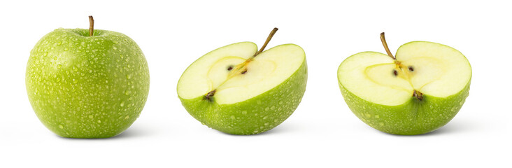 Green granny smith's apple with water droplets and two halves isolated . High quality photo