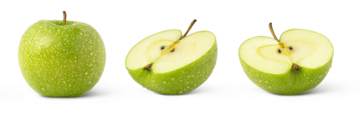 Green granny smith's apple with water droplets and two halves isolated . High quality photo