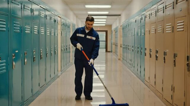 A male janitor in uniform cleans a school hallway with a mop during a quiet shift. Concept of maintenance work, cleanliness, and essential support staff.
