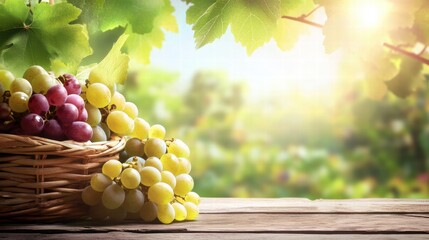 Fresh Grapes in Basket Surrounded by Lush Greenery in Sunlight