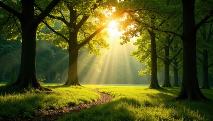 Panorama with sunlight filtering through trees, landscape, nature