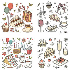 Hand drawn food, candles, drinks and decor doodles vector illustration