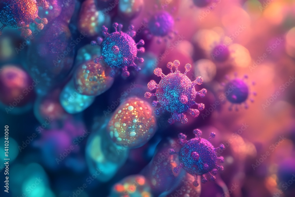 Poster colorful abstract microscopic view of microorganisms, offering an imaginative representation of a vi
