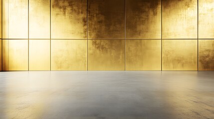 Empty Room with Gold Wall Panels and Concrete Floor