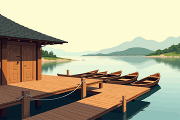 A traditional Korean boat dock (naru) prominently featuring a large wooden deck instead of stone
