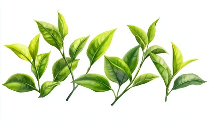 Fresh tea leaves sprigs on white background.  Detailed illustration of vibrant green tea leaves and stems, perfect for tea-related design elements