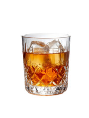 Close up of a glass with an amber liquid and ice cubes against a dark black background studio shot