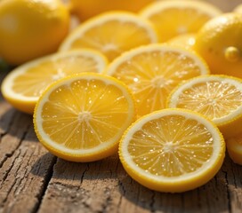 A vibrant bunch of fresh, bright yellow lemons arranged artfully on a rustic wooden table, showcasing their textured skin and natural shine, with soft shadows enhancing the scene.